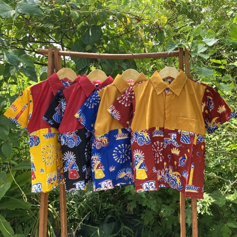 Banara Kemeja Batik Anak Ondel Betawi Berkerah Bahan Katun Mix Toyobo Merah Biru Kuning Hitam