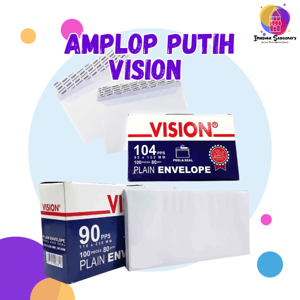 

Amplop Putih Vision / Amplop 1 Pack 100 pcs Amplop Praktis dengan Lem Perekat 90 pps dan 104 pps Imasuka Stationery