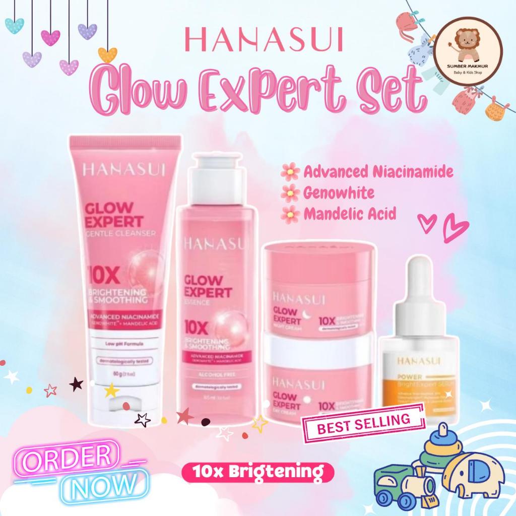Hanasui Glow Expert Set 4 Pcs + 1 Pcs Power Bright Serum 10% Advance Niacinamide / Paket Skincare