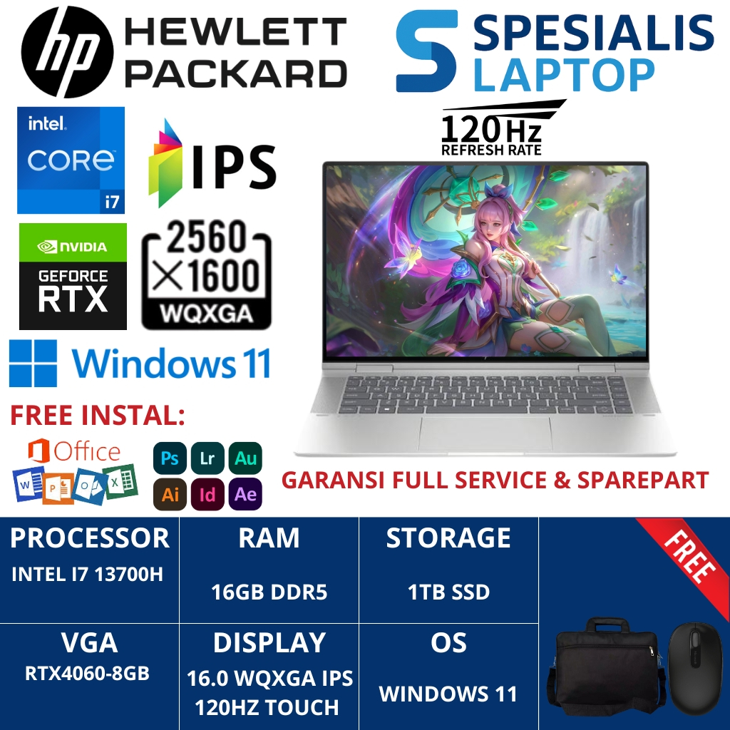 Laptop Baru HP Envy 16 Intel Core i7 13700H RAM 32GB DDR5 2TB SSD RTX4060-8GB WQXGA IPS 120Hz Win11
