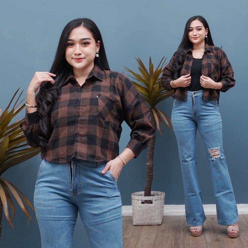 Kemeja Wanita Kekinian Model Crop top Bahan Flanel Premium Halus Tebal Motif Kotak-Kotak