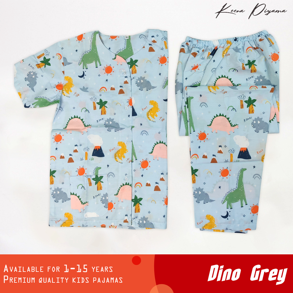 Keena Piyama Dino Grey Baju Tidur Anak Katun//Piyama anak Laki Laki Perempuan Usia 1-12 Tahun