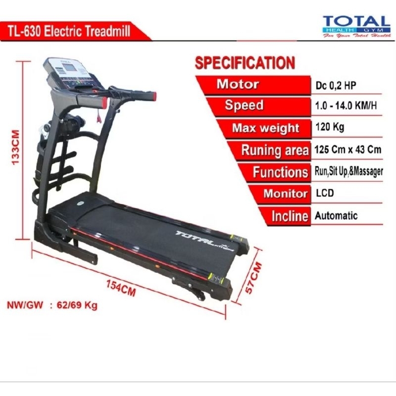 Treadmill Listrik Total TL 630 - Alat Olahraga Lari Elektrik Hitam & Putih