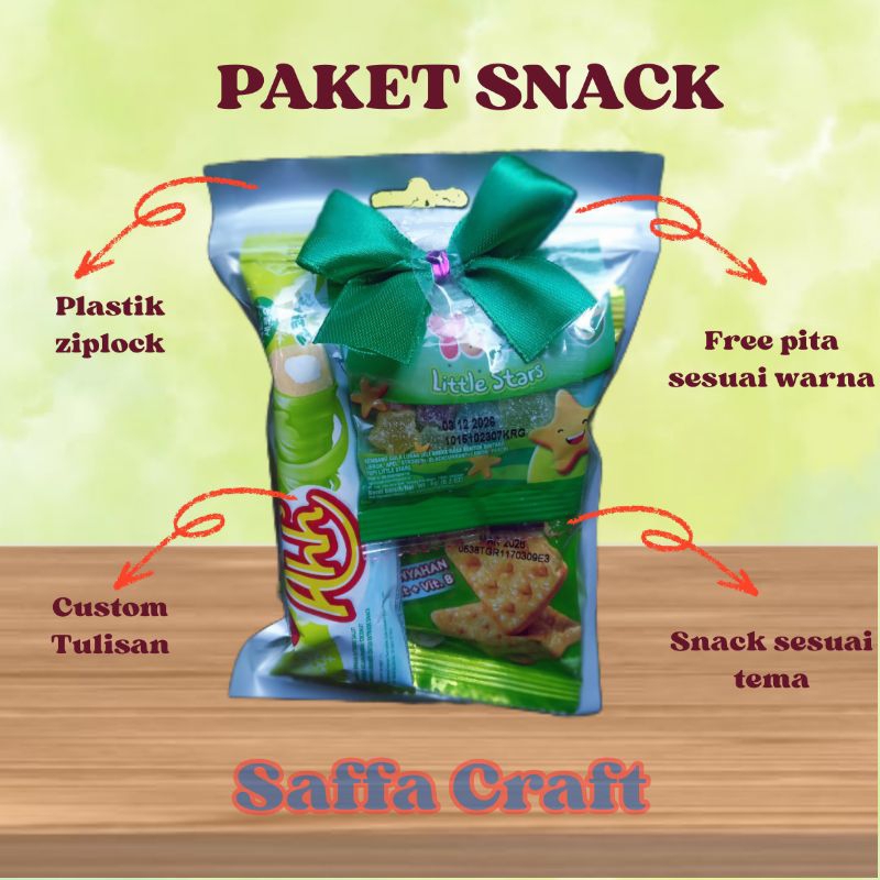 

Paket Snack Ulang Tahun Hampers Mini Gift Snack Tema Hijau Free Pita Plastik Ziplock