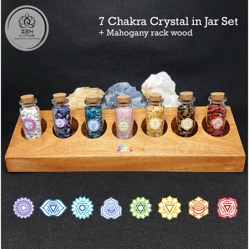 7 Chakra crystal set in jar + rak kayu tebal set 3