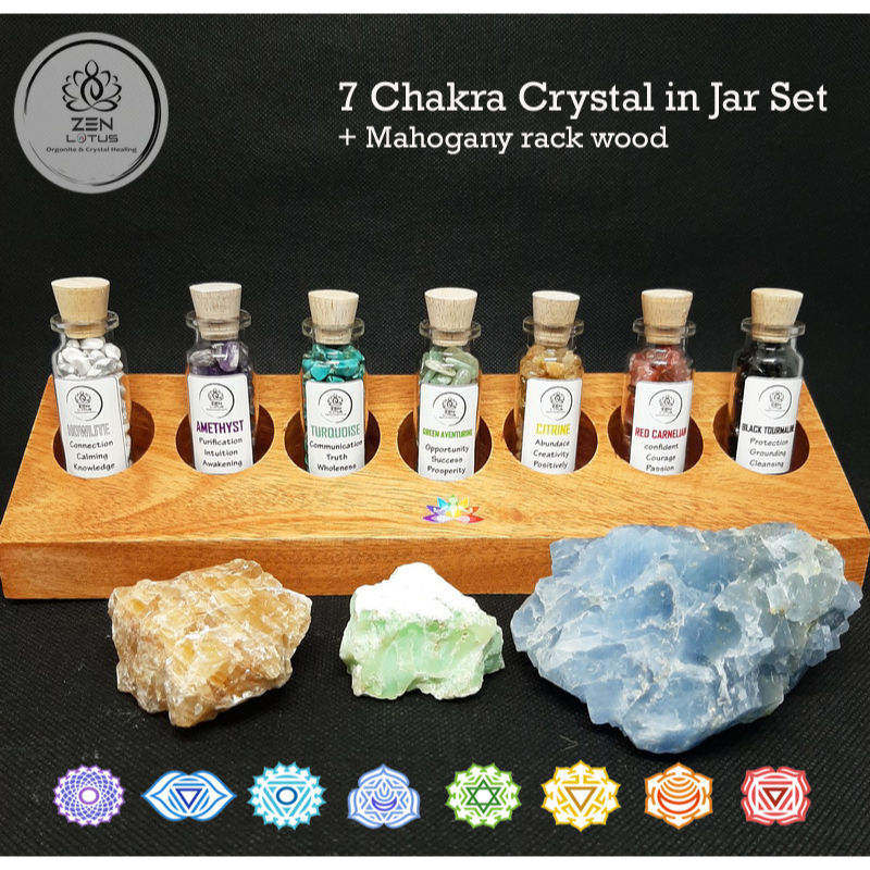Paket lengkap 7 Chakra crystal in jar set + rak kayu set 1
