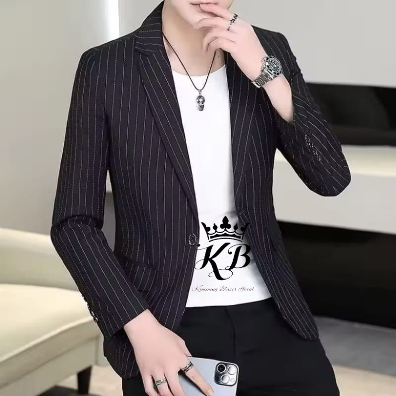 Jas Blazer Casual Pria Semi woll Motif Salur terbaru-Blazer Casual pria motif Stipe Semi Woll-Blazer