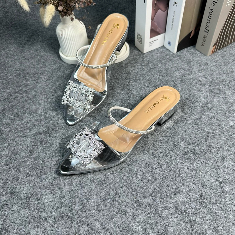 SANDALUNA- Sepatu Heels Wanita Terbaru Mika Kaca Transparan Tali Mutiara Pesta Hak Tahu 3cm
