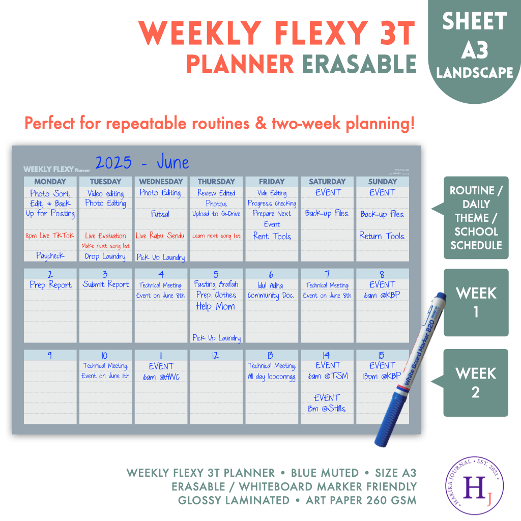 

Weekly Flexy 3T Planner | A3 | Kalender | Erasable / Tulis Ulang / Whiteboard