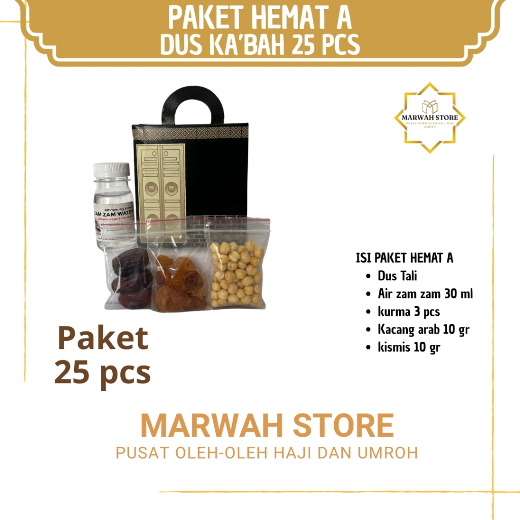 

Oleh-oleh Haji dan Umroh Paket Hemat A 25 pcs Dus Ka'bah Lengkap Air Zamzam