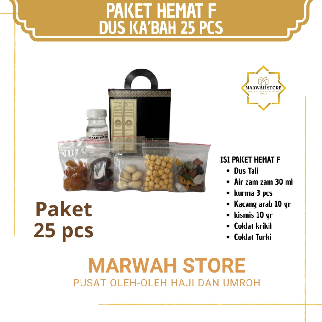 

Oleh-oleh Haji dan Umroh Paket Hemat F 25 pcs Dus Ka'bah Lengkap Air Zamzam