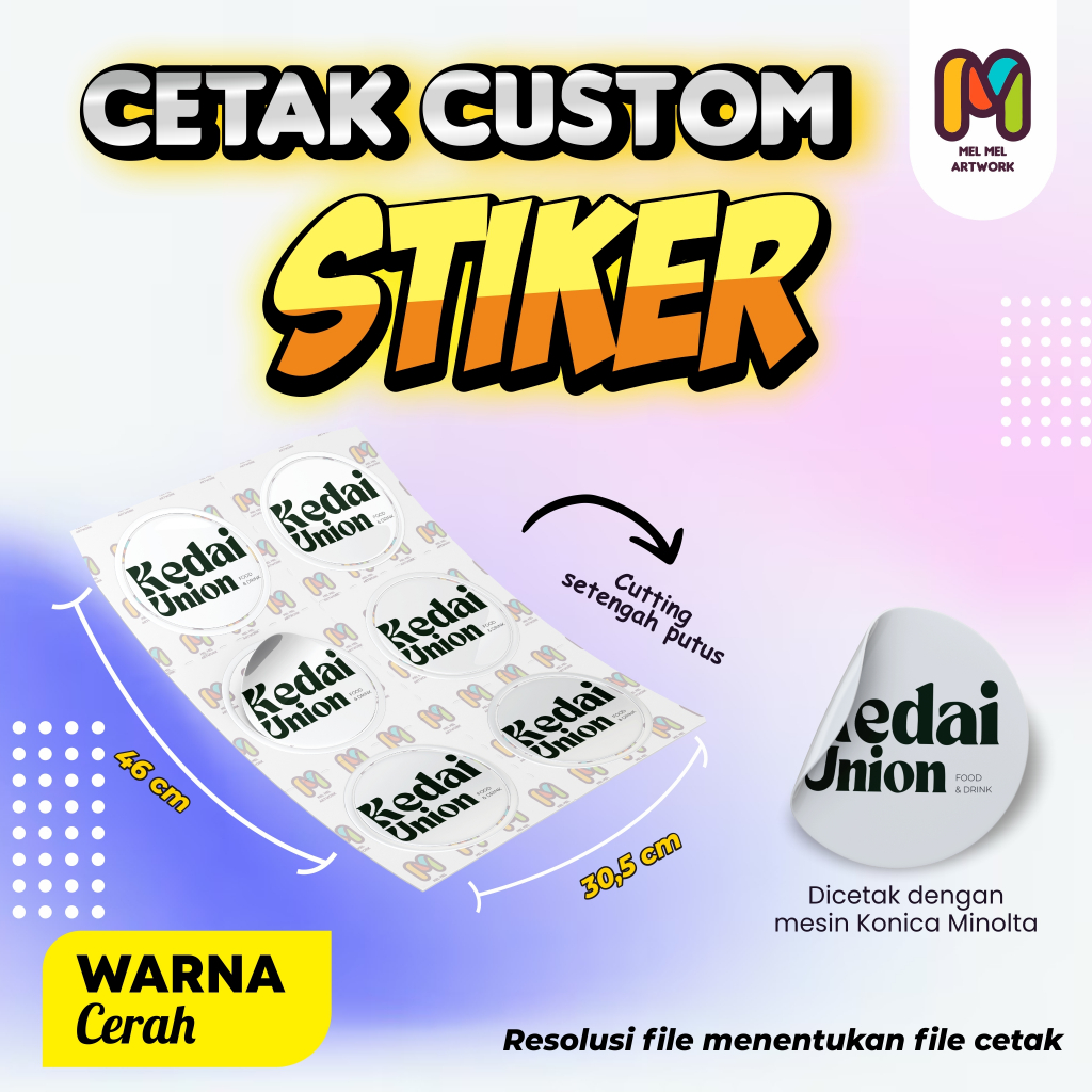 

Cetak Stiker A3+ Chromo + Cutting Set Putus/Kiss Cut