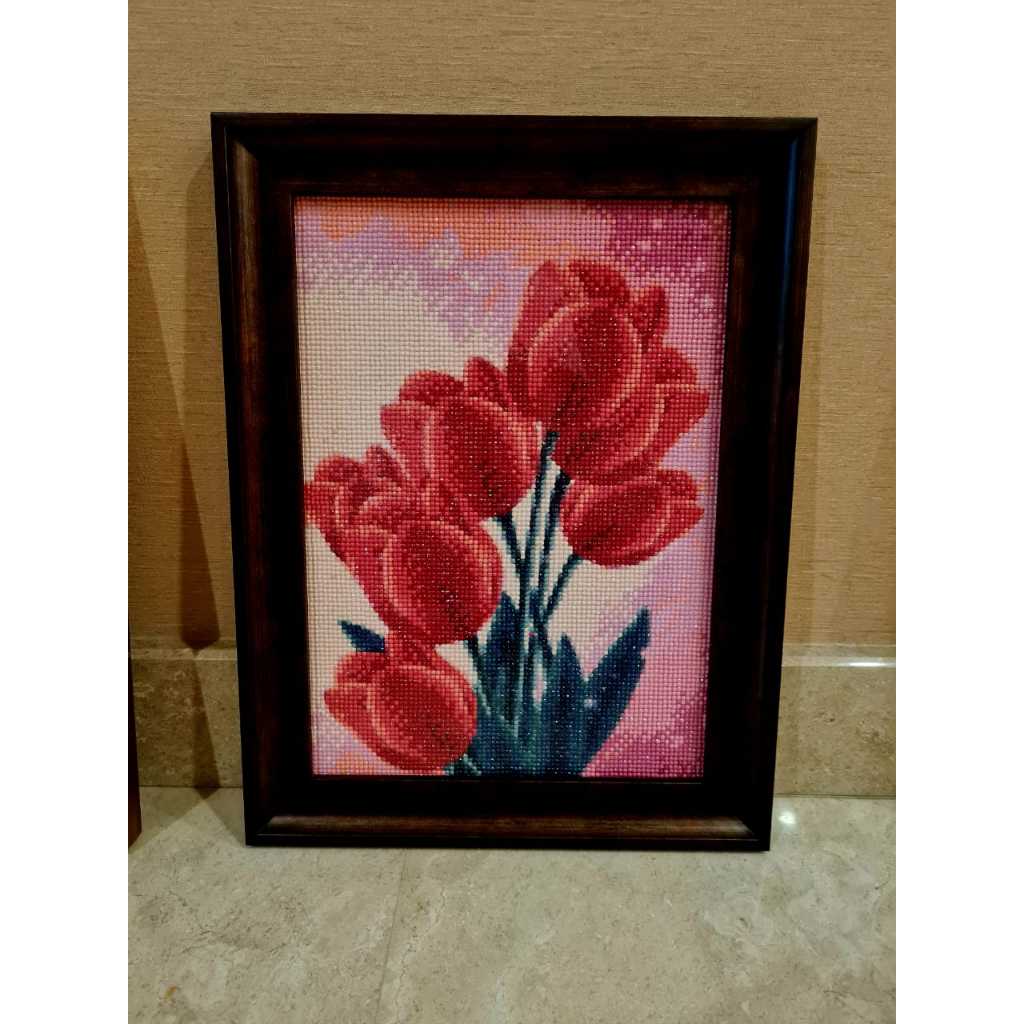 pajangan Lukisan Bingkai Bunga Tulip Merah Diamond Painting