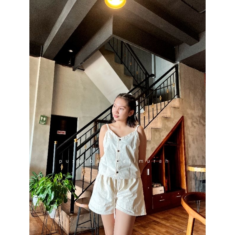 Vior Linen Set | One Set Tank Top Wanita |Setelan Celana Pendek Wanita Bahan Linen