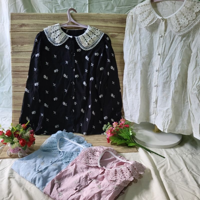 Blouse Kerah Renda Bordir Bunga Kecil Atasan Wanita Import