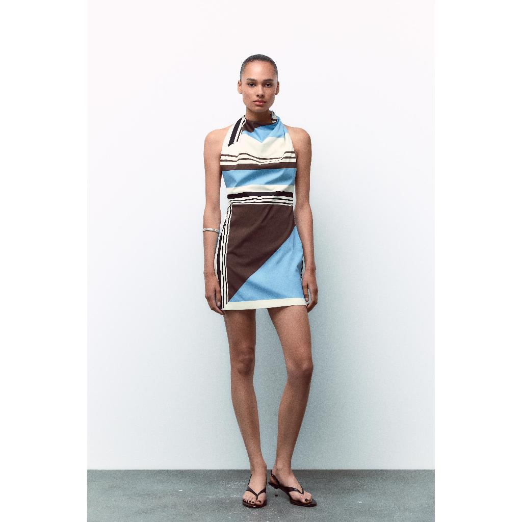 ZARA STRIPED POPLIN BACKLESS MINI DRESS