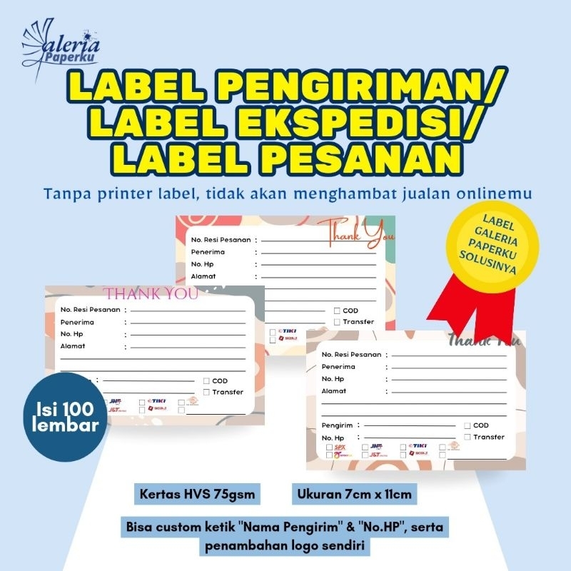 

Label Kertas Pengiriman Olshop Siap Pakai Isi 100 lembar - Kertas HVS 75 gsm | Custom Label Pengiriman | Label Pesanan