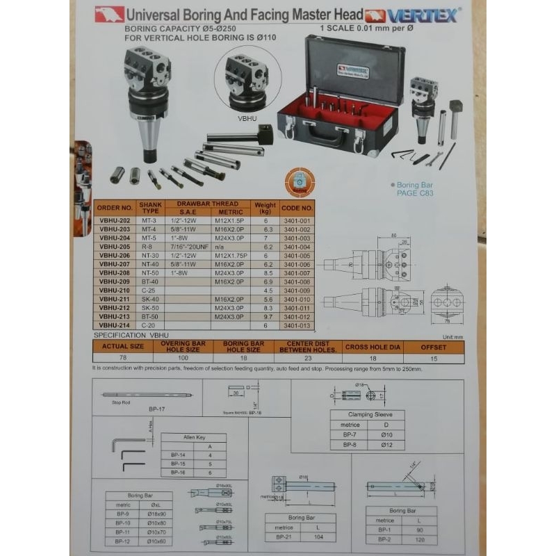 Vertex universal boring head VBHU BT40