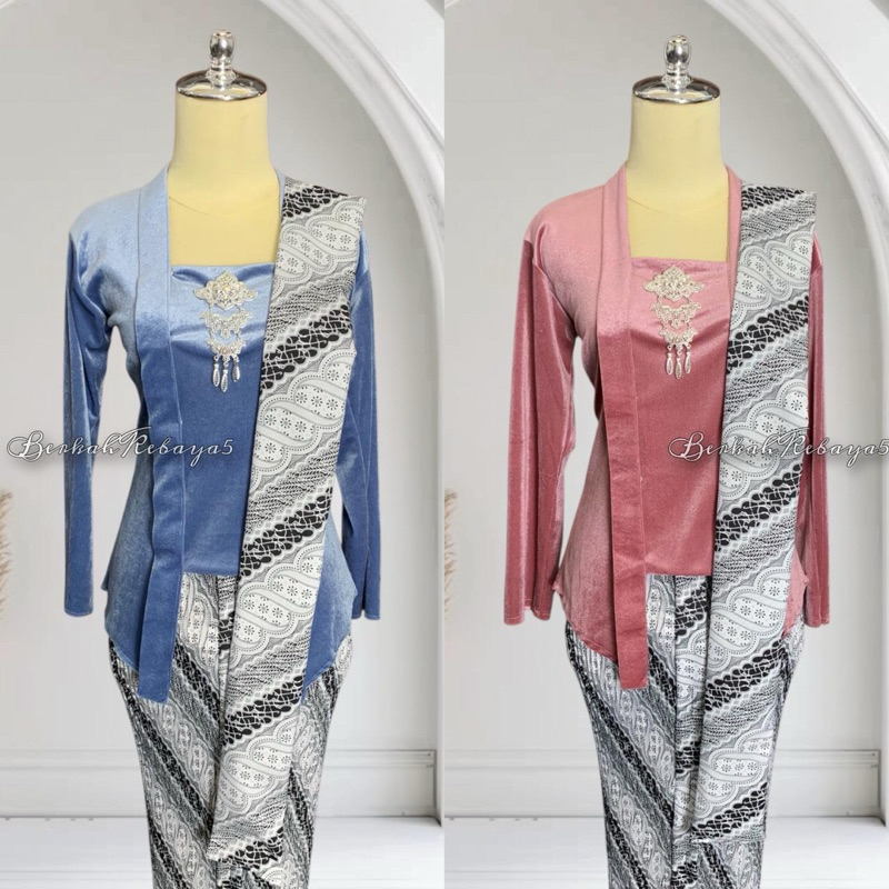 Setelan Kebaya Kutu Baru Bludru Warna Soft / Kebaya + Selendang + Jarik Wiru Plisket