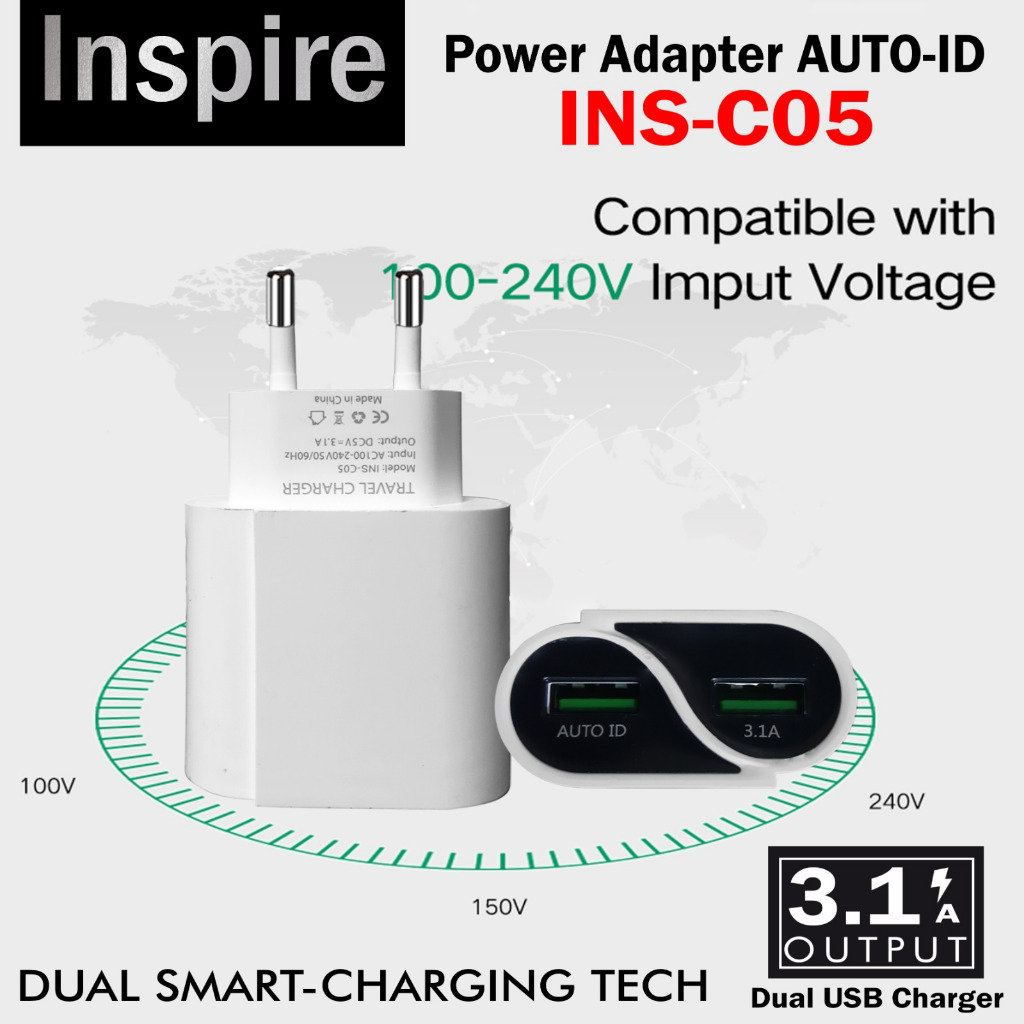 Charger Travel Adapter 2 Port Colokan USB 2 3.1 AMPERE INS-C05
