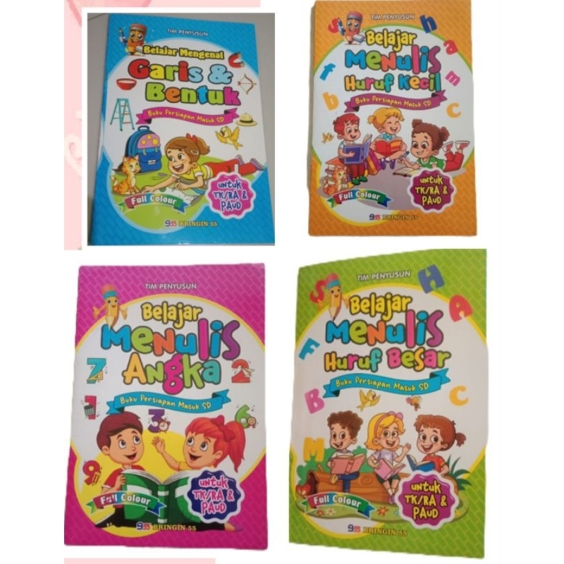 paket 4 buku belajar mengenal garis dan bentuk, belajar menulis huruf besar, belajar menulis huruf k