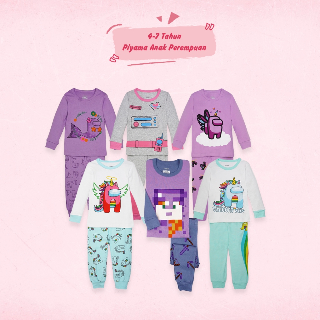 BAJU TIDUR PIYAMA ANAK SETELAN ANAK PEREMPUAN LENGAN PANJANG 4-7 TAHUN AMONG US MINERAFT