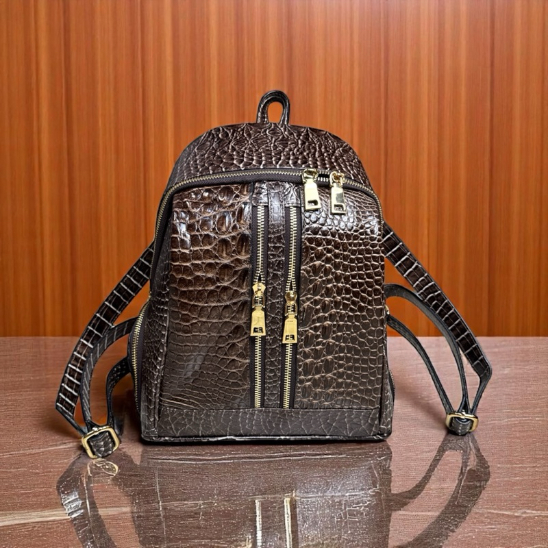 Tas Ransel Wanita Kulit Asli Kulit Croco Kombinasi Kulit Sapi Dipres Motif Croco