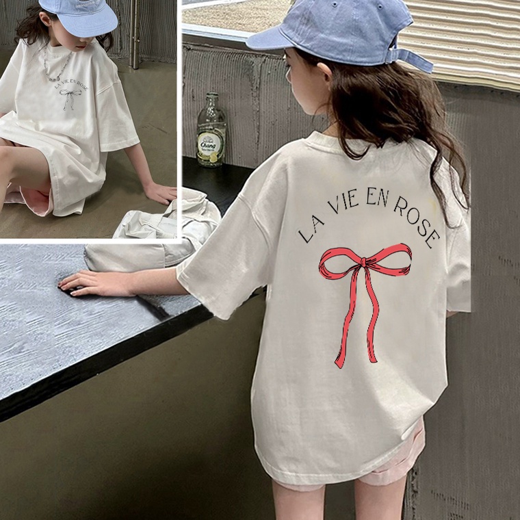 224SS Terbaru Atasan Anak Perempuan Import Oversize 1 Cotton Kaos pakaian anak Bow knot Motif Printe