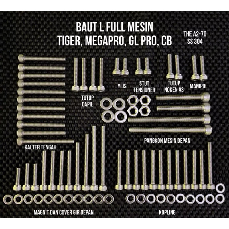 baut mesin L stainles full set Neotech cb gl tiger megapro