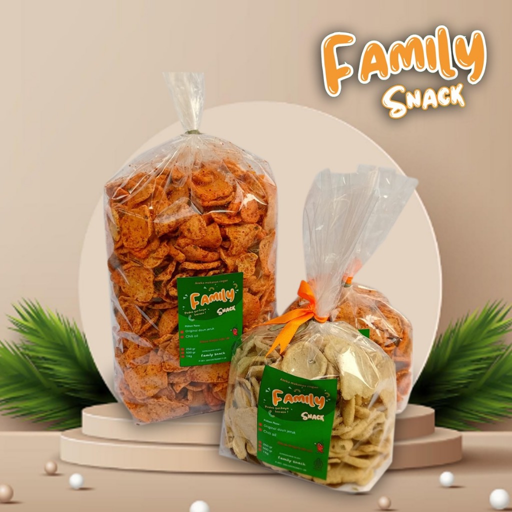 

FAMILY SNACK-kripik Basreng Koin Original Daun Jeruk Pedas Chili oil 500gr
