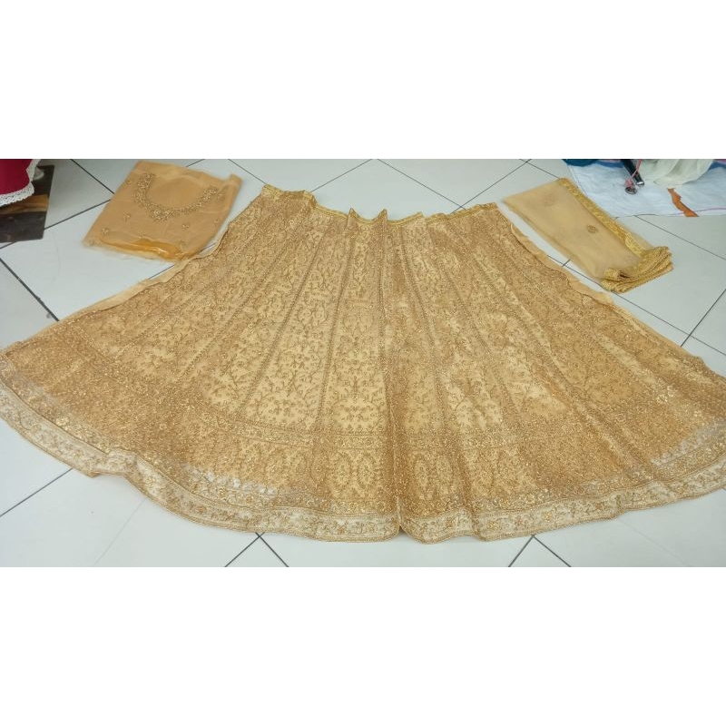 #TjM322 Lehenga Bahan Berpola Jahit Blus choli Rok Selendang baju adat India Lenga MUA bridal Perak 