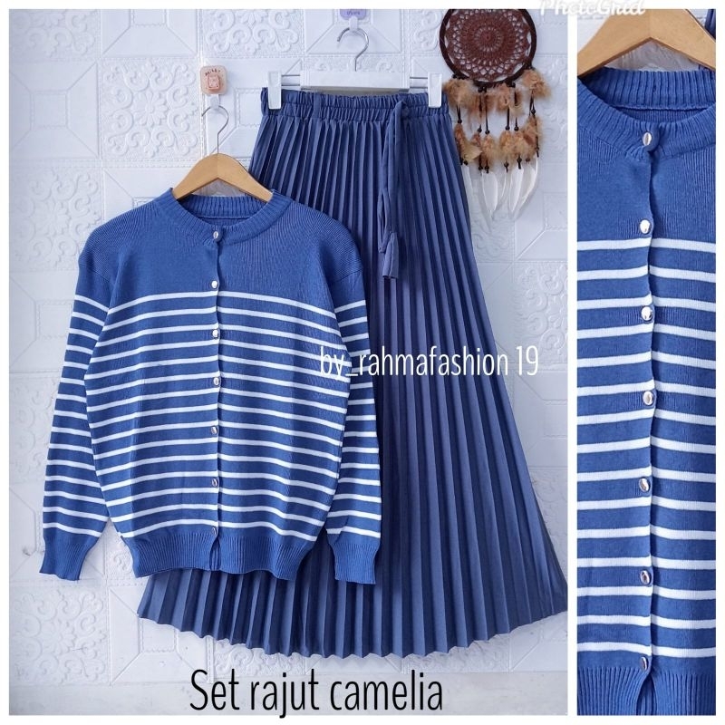 Setelan Rajut Salur Dan Bawahan Rok Plisket Polos Dewasa Fashion