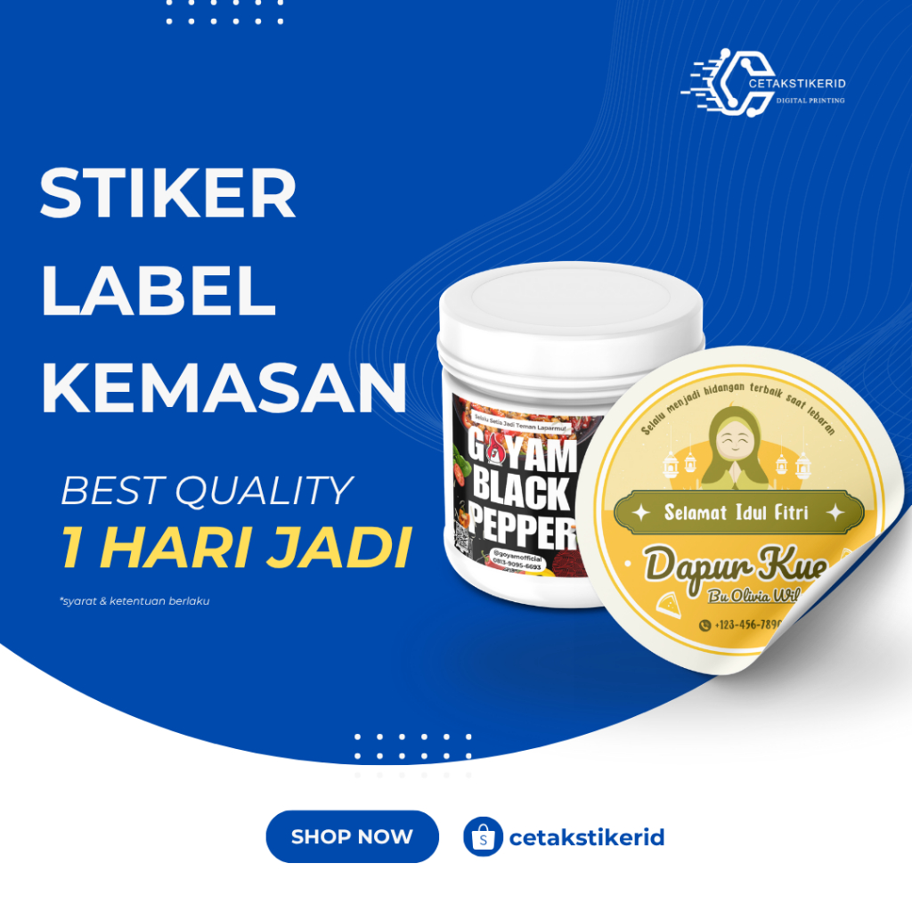 

[ FREE CUTTING ] Cetak Stiker Label Kemasan Makanan Minuman Bahan Bontak Chromo