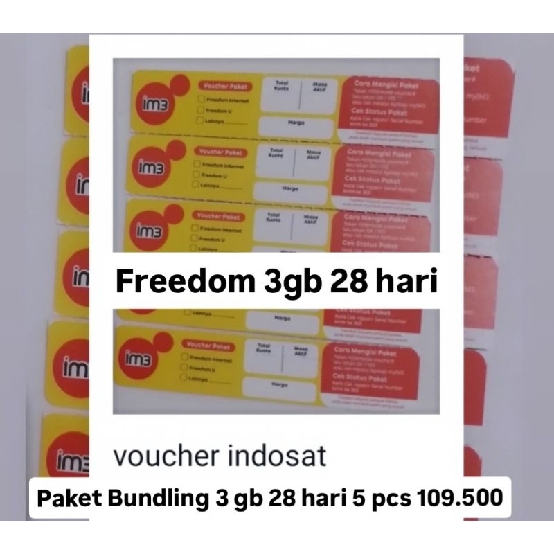 Voucher Indosat Freedom 3 gb 28 hari bundling 5 pcs 109.500