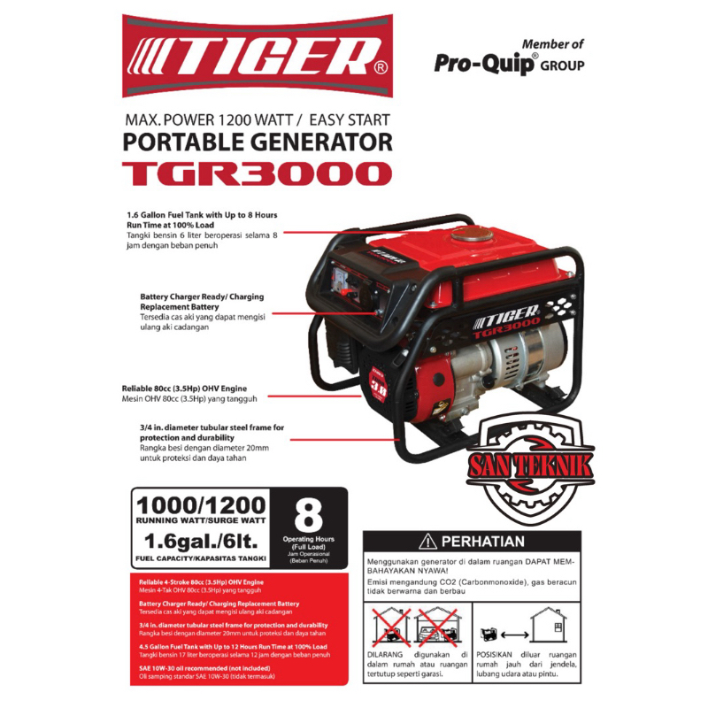 Genset 1200W TGR3000 TIGER 4 Tak TGR 3000 Gasoline Generator