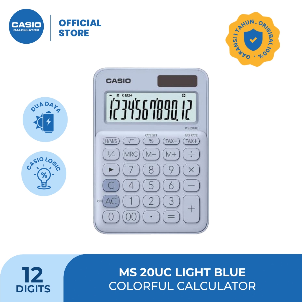 

CASIO MS-20UC - Light Blue - Kalkulator Kantor - Seri Colorful - 12 digit