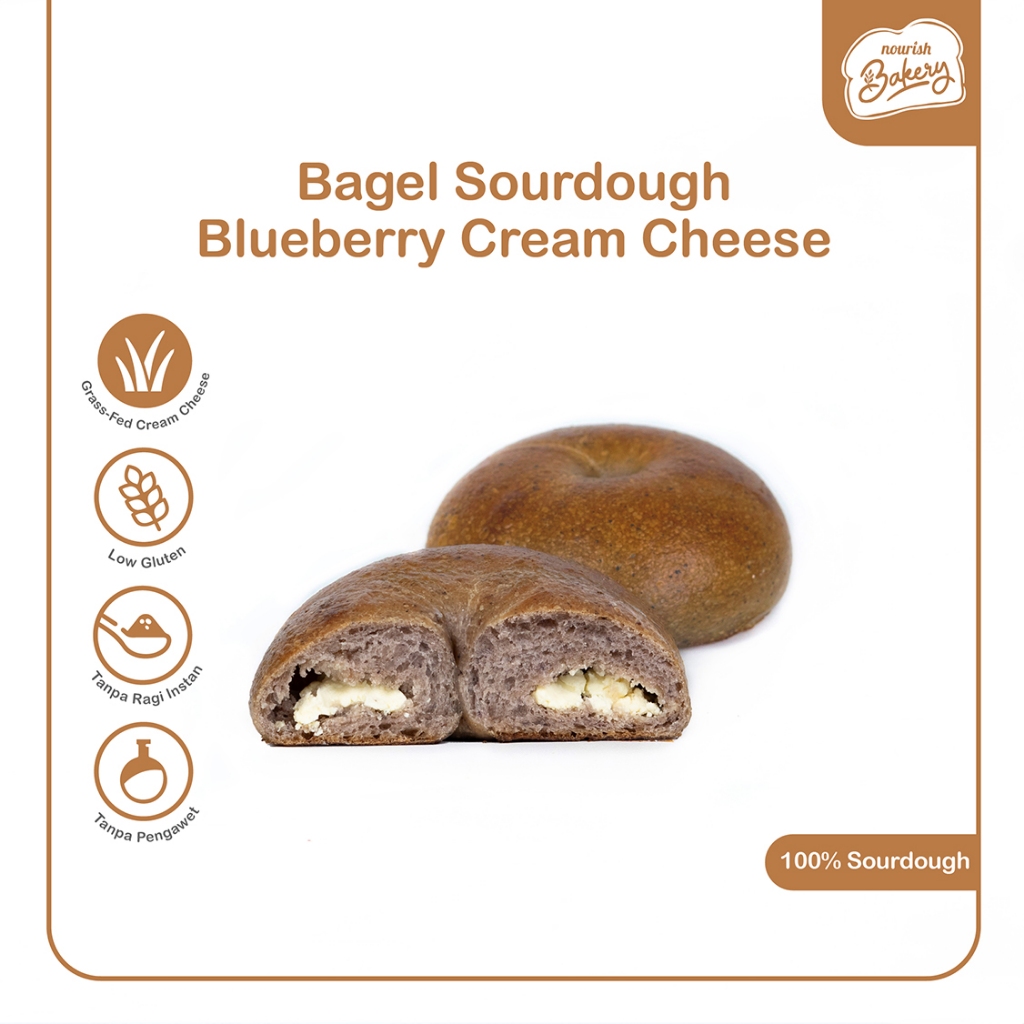 

Bagel Blueberry Cream Cheese - 100% Sourdough Bagel Blueberry dengan isian Cream Cheese Long Fermentation 100gr (BSD)