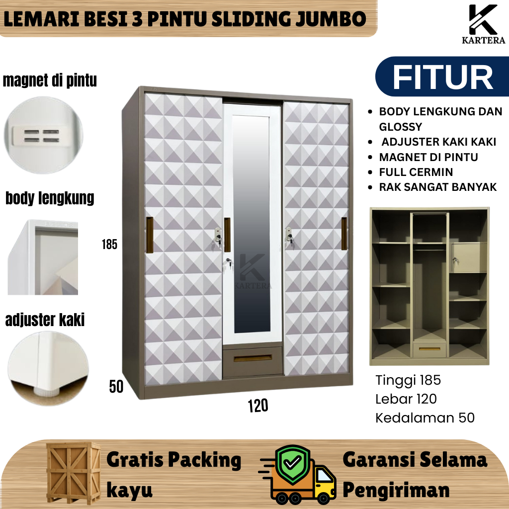 Lemari Baju Besi Sliding - Lemari Baju 3 Pintu - Lemari Baju Besi - Lemari sliding Baju Besi - Lemar