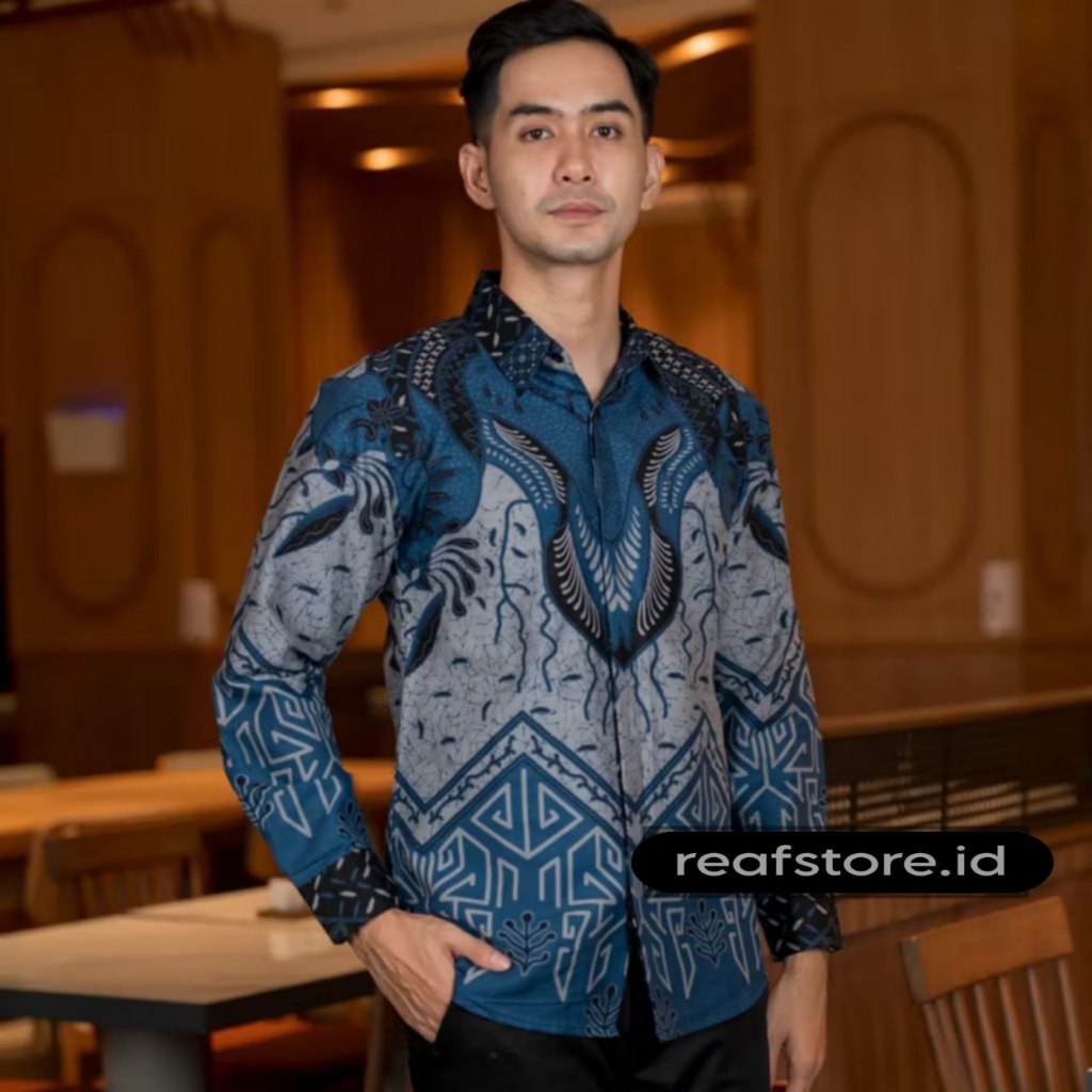 Kemeja Batik Pria Lengan Panjang Warna Biru Denim Formal Casual Baju Batik Kantor Cowok Terbaru