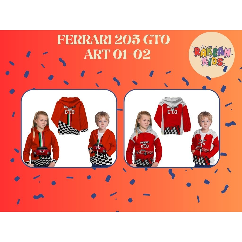 Jaket Hoodie Anak Mobil Balap Car Ferrari 205 GTO Art 01 & 02 Full Printing Free Custom