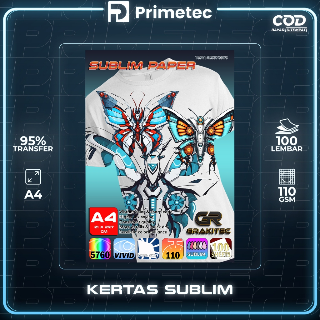 

Kertas Sablon Sublim Transfer Paper isi 100 Lembar A4 / LEGAL F4+ / A3 110 Gsm - GRAKITEC Sublim Paper Primetec
