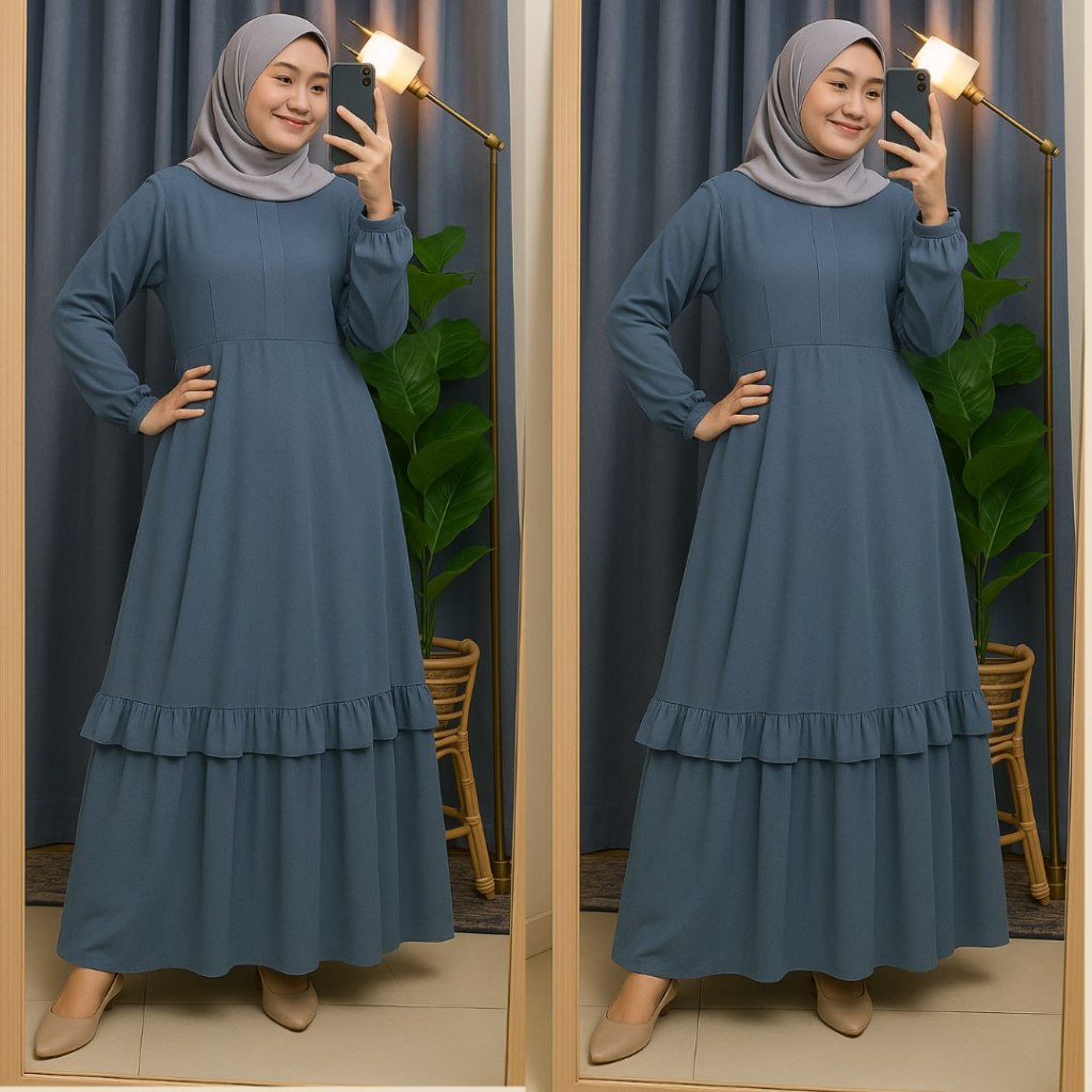 Gamis Malaysia Rempel Ceruty Full Furing – Busui Friendly, Nyaman & Elegan