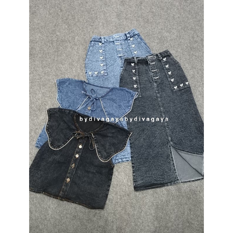 Setelan Wanita Resta Vest Rompi Jeans dan Rok Span Jeans Bordir Panjang Fashion