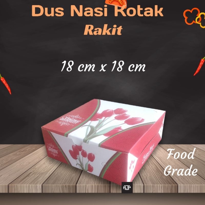 Box Kotak Nasi / Dus Kemasan Makanan Motif Warna Merah Ukuran 18 cm x 18 cm | 25 pcs