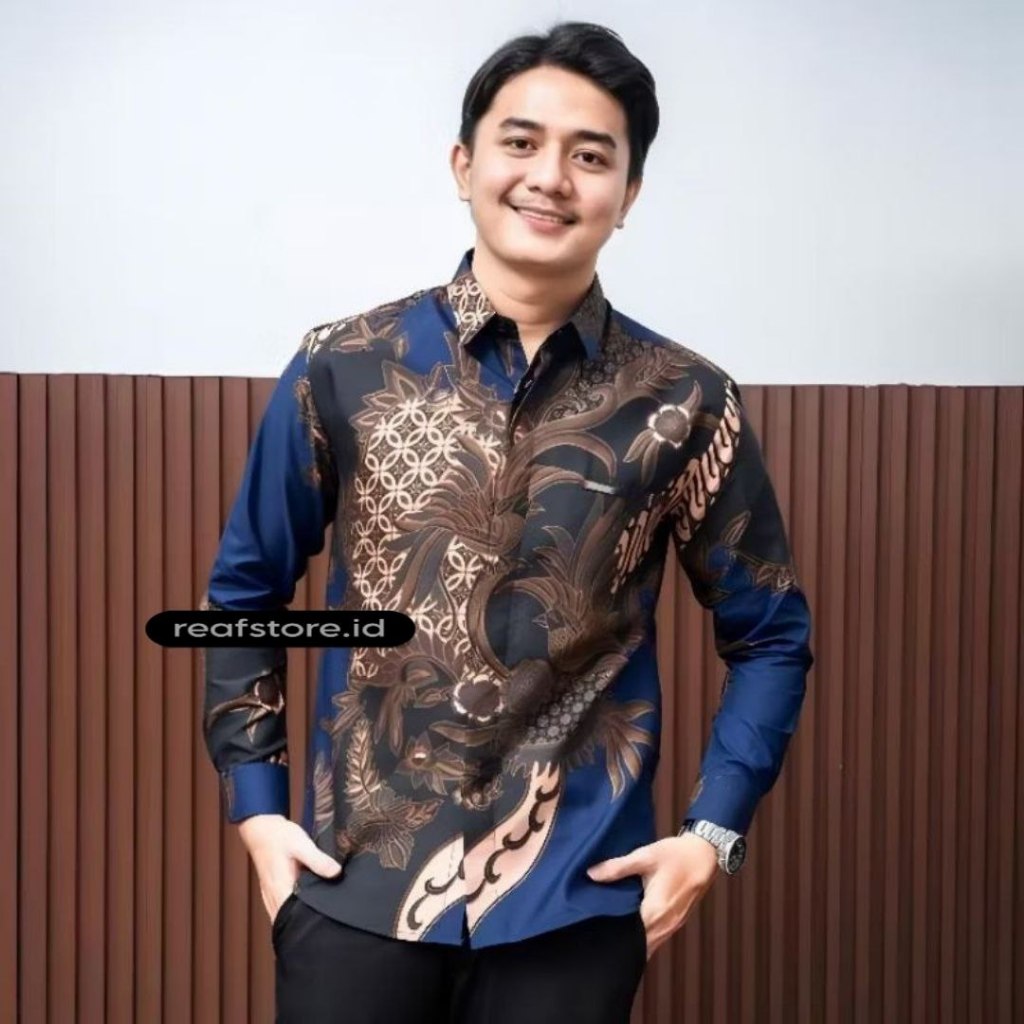 Kemeja Batik Pria Lengan Panjang Warna Biru Denim Formal Casual Baju Batik Kantor Cowok Terbaru