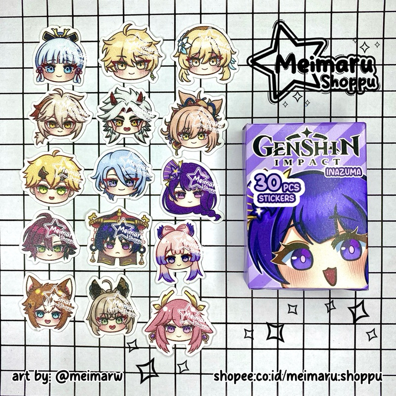 

[Meimaru Shoppu] STICKER PACK GENSHIN IMPACT GLITTER 30 PCS / STIKER INAZUMA DIE CUT / Kokomi / Thoma / Yae Miko / Gorou / Raiden Shogun / Yoimiya / Ayaka / Ayato / Kazuha / Heizhou / Scaramouche / Itto / Kirara