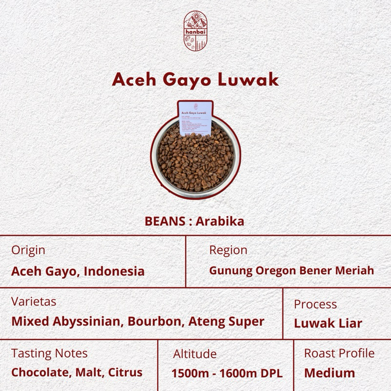 

Biji Kopi Arabika Aceh Gayo Luwak (100gr & 200gr)