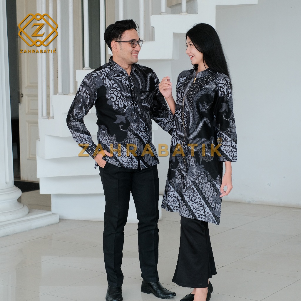 Batik Couple - Batik Tunik Batik Wanita - Batik Pria Lengan Panjang - Motif Brawijaya Warna Hitam