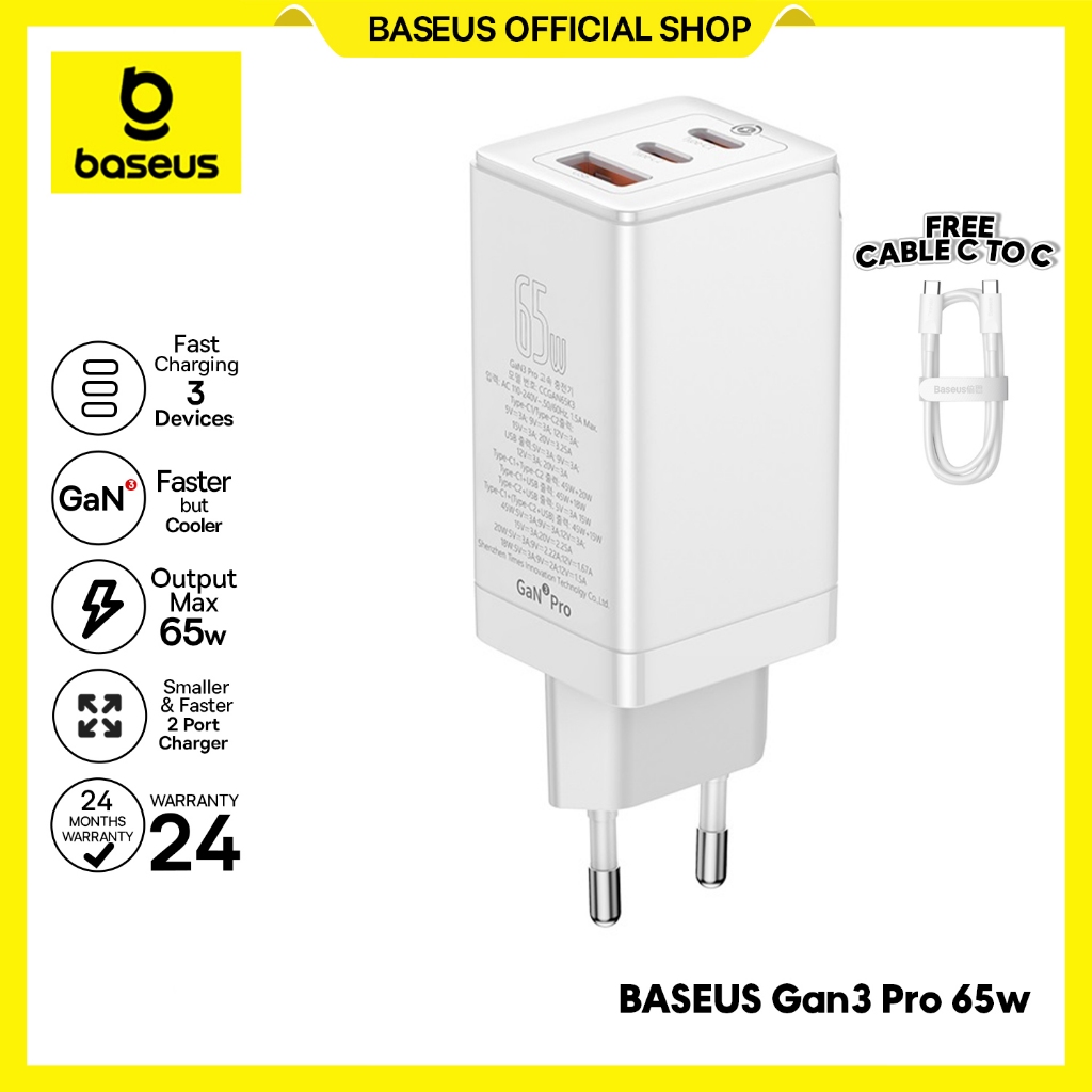Baseus GaN3 Pro Fast Charger 2C+U 65W SK Plus Cable Type-C