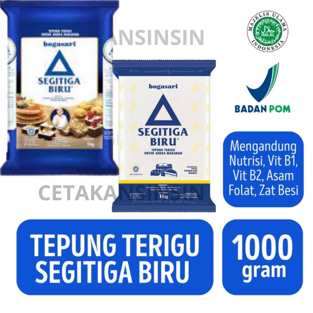 

Tepung Terigu Bogasari Segitiga Biru Premium / Bening [1kg/1000 gram] Ada Kemasan Repack/Loslosan